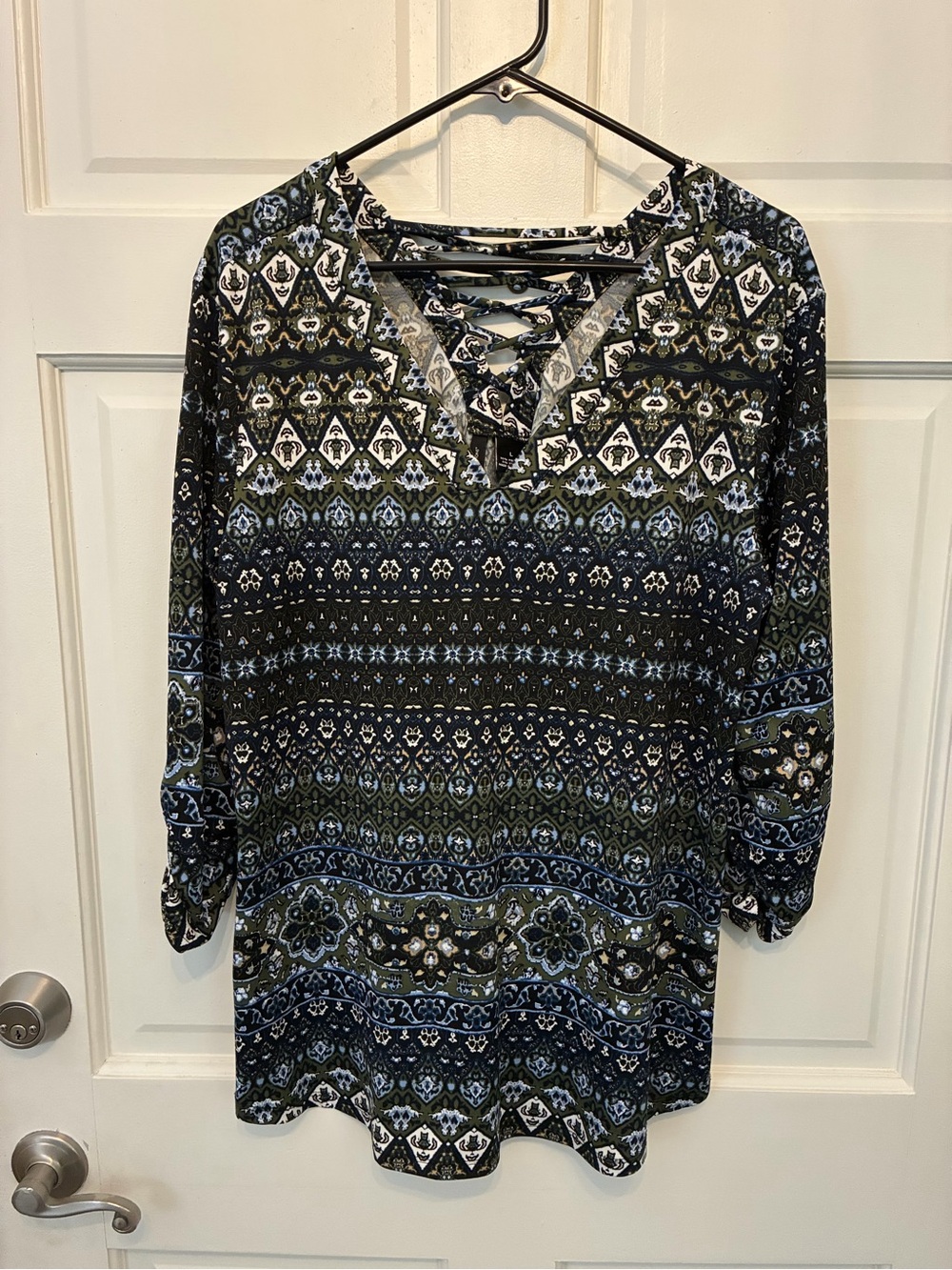 new directions Lace-Up V-Neck Geo Print Tunic - blue, green, black